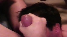 Lusty guy pumps his own dick while taking one up his pink asscrack
