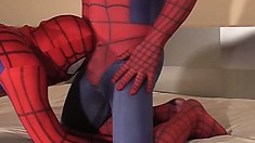 Two horny Spidermen get naughty and go down on each other's pricks