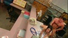 Slutty nurse sucks a dick and gets her ass fucked hard in the office