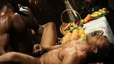 Exotic black men with massive members fuck each other in a threeway
